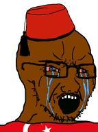 Colorlesspy(nameroach) bald bloodshot_eyes brown_skin clothes crying fez flag:turkiye glasses hat mustache nigger soyjak star_and_crescent stubble tear turk turkiye turkroach tvrkaryan variant:soyak // 595x800 // 26.4KB