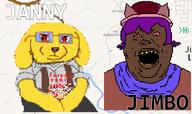 2soyjaks animal arrow art brown_skin cat closed_mouth clothes dark_skin dog dog_ear ear eyes food glasses green_arrow green_text greentext holding_object hot_pocket janny jimbo_(namefag) jimbo_(user) jimbrap jimbraphog meta:namefags oneshot oneshot_pedo_nigger oneshotfag open_mouth pixel_art pocket pooneshit pooneshit_pedo red_text suspenders text variant:alicia variant:catjak_(alternate) vivo_endive wplace yellow_skin // 844x499 // 106.7KB