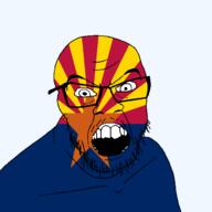 angry arizona flag flag:arizona glasses hair looking_at_you mustache open_mouth soyjak star_(symbol) state stubble teeth transparent_background united_states variant:feraljak // 1500x1500 // 103.2KB