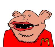 amerimutt black_sclera brown_skin clothes ear lips mcdonalds mutt open_mouth red_shirt redraw soyjak stubble subvariant:impish_amerimutt variant:impish_soyak_ears // 704x600 // 15.2KB
