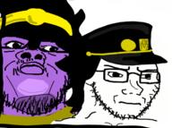2soyjaks anime cap closed_mouth clothes glasses hat jojos_bizarre_adventure kujo_jotaro mustache purple_skin soyjak stand_(jojo) star_platinum stubble subvariant:soyak_(irritated) variant:a24_slowburn_soyjak variant:soyak // 493x367 // 88.5KB