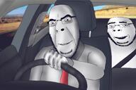 animated car clothes driving grin hand irl_background music necktie open_mouth seatbelt shading smile soyjak steering_wheel stubble variant:cobson vehicle video // 750x500, 22.1s // 15.0MB