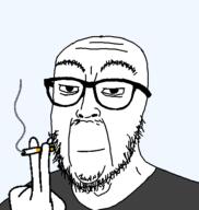 cigarette clothes glasses mustache smile smoke smoking soyjak stubble tshirt variant:scientolojak // 560x592 // 13.8KB