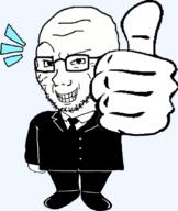 clothes glasses scientoloju scientoloju_(user) smile smug soyjak stubble suit thumbs_up variant:soyak // 700x830 // 64.9KB