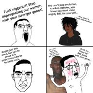 ahegao arm bbc black_skin blush closed_mouth comic ear glasses hair hand hands_up negro nigger open_mouth sex soyjak subvariant:patrick sweating text tongue twinkjak variant:chudjak // 1920x1920 // 1.1MB