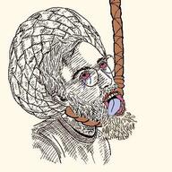 beard bloodshot_eyes crying ear glasses hair hanging logo_daedalus mustache open_mouth rope soyjak tongue variant:bernd yellow_teeth // 400x400 // 50.2KB