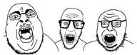 3soyjaks angry crooked_teeth glasses open_mouth soyjak stubble variant:chugsjak variant:nerdjak variant:volcanojak // 651x260 // 66.4KB