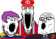 cap clothes colombia colombianghost diego_pareja doomentio doomposting doomverse glasses guara hat jerry kenlwright kiwifarms mario open_mouth purple_hair red_shirt soyjak_trio variant:gapejak variant:markiplier_soyjak variant:tony_soprano_soyjak zolgorte // 828x581 // 90.4KB