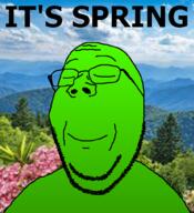 bush calm cloud eyes_closed flowers glasses gradient green_skin mountain mountains nose outdoors outside sky smile smilling soyjak spring stubble subvariant:wholesome_soyjak tree variant:gapejak // 921x1008 // 744.0KB