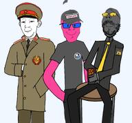 3soyjaks bald closed_mouth clothes doll glasses grey_skin hat kolyma kuz pink_skin smile soot soyjak soyjak_party stubble transparent_background variant:feraljak variant:gapejak variant:kuzjak white_skin // 1463x1353 // 566.6KB