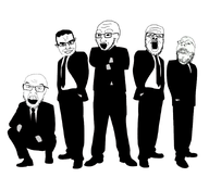 5soyjaks arms_crossed bald clothes gaping_mouth glasses hair mouth_open mustache squatting stubble subvariant:chudjak_front subvariant:mustached_gapejak suit suit_and_tie variant:a24_slowburn_soyjak variant:chudjak variant:feraljak variant:gapejak variant:soyak white_background // 920x780 // 111.3KB