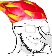 closed_mouth clothes dragonfruit food foodjak fruit glasses glowing_glasses hand hat smile smug soyjak stubble variant:soyak // 713x771 // 328.3KB