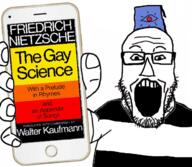 book clothes fez friedrich_nietzsche glasses gnosticism hand hat holding_object holding_phone iphone nietzsche philosophy phone soyjak stubble subvariant:phoneplier subvariant:phoneplier_vertical text variant:markiplier_soyjak // 679x592 // 392.4KB