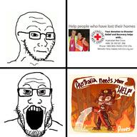 2soyjaks australia bloodshot_eyes closed_mouth comic coomer diives_(chilean) fire furry glasses place_japan soyjak stubble text thing_japanese variant:markiplier_soyjak variant:soyak // 2205x2205 // 2.8MB