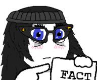 blue_eyes blush closed_mouth eyelashes fact female glasses hair holding_object neutral paper soyjak variant:soytan // 370x307 // 14.4KB