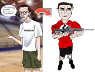 arrow brown_eyes brown_hair buff chud closed_mouth clothes full_body glasses gun hair hand lips nazism open_mouth red_shirt speech_bubble subvariant:chudjak_front subvariant:unbotheredchud swastika text variant:chudjak ywnbaw // 1023x775 // 527.6KB