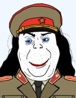 closed_mouth clothes collar_tabs communism epaulettes eyeshadow hair hammer_and_sickle hat kgb kuz lipstick makeup military_uniform necktie russia smile soviet_army_uniform soviet_union soyjak star stubble tranny uniform variant:alicia // 592x766 // 147.8KB