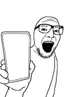 arm glasses hand holding_object holding_phone open_mouth phone soyjak stubble template variant:phoneboy // 468x680 // 11.5KB