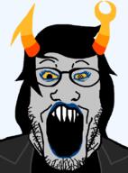 clothes eyelashes glasses grey_skin hair homestuck horn lips lipstick makeup open_mouth sharp_teeth soyjak stubble troll_(homestuck) variant:markiplier_soyjak vriska_serket yellow_sclera zodiac // 600x810 // 21.6KB