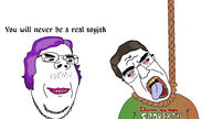 2soyjaks arm bloodshot_eyes blue_eyes brown_eyes brown_hair chud closed_mouth clothes glasses hair hanging mustache open_mouth purple_hair redraw rope smile soyjak sproke stubble subvariant:chudjak_front suicide text tongue tranny troon variant:chudjak variant:gapejak yellow_teeth // 3840x2160 // 1.0MB