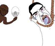 2soyjaks angry arm black_skin bloodshot_eyes blush chud closed_mouth crying glasses hand hanging leg mirror open_mouth pointing rope smile smirk smug soyjak stubble suicide tiny_penis tongue twp variant:chudjak variant:soyak variant:two_pointing_soyjaks // 1062x900 // 299.2KB