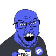 angry arm blue_eyes blue_skin clothes discord fact glasses hand mustache open_mouth soyjak stubble subvariant:feralcord variant:feraljak // 1500x1495 // 653.3KB