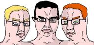 3soyjaks a10_eyes blond blue_eyes chudjak_brothers ginger glasses gray_eyes green_eyes hair looking_at_you orange_hair variant:chudjak white_skin yellow_hair // 1238x592 // 79.1KB