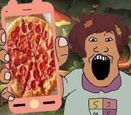 amphibia_(show) arm brown_hair brown_skin cartoon clothes disney food hair hand holding_object holding_phone iphone meta:low_resolution open_mouth phone pizza soyjak subvariant:phoneplier subvariant:phoneplier_vertical variant:markiplier_soyjak // 240x210 // 13.4KB