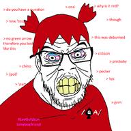 4chan anime barneyfag bbc clenched_teeth flag glasses hair qa_(4chan) queen_of_spades red_hair soyjak stubble text tranny variant:feraljak wrinkles yellow_teeth yotsoyba // 1024x1024 // 411.7KB