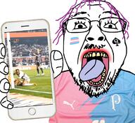 brazil corinthians flag:transgender_pride_flag glasses holding_object holding_phone iphone lipstick open_mouth palmeiras phone purple_hair queen_of_spades soccer stubble são_paulo são_paulo_fc tongue tranny variant:bernd yellow_teeth // 1655x1516 // 1.5MB
