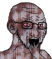 bloodshot_eyes crying ear glasses hand iron lead open_mouth rust soyjak stubble subvariant:crying_soyak_ears2 variant:soyak // 708x800 // 877.3KB