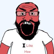 angry balding beard clothes glasses hair open_mouth red_skin soyjak subvariant:science_lover text tshirt variant:markiplier_soyjak // 800x789 // 102.8KB