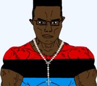 black_skin brown_eyes buff christian_cross christian_identity christianity closed_mouth clothes flag flag:lord's_resistance_army glasses hair lra necklace rosary soyjak subvariant:chudjak_front subvariant:muscular_chud tshirt variant:chudjak vein // 531x469 // 208.8KB