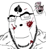 2soyjaks bbc blood bone brain buff closed_eyes closed_mouth death facial_mark forehead_mark glasses gore muscles open_mouth queen_of_spades smile soyjak spade stubble variant:cobson variant:feraljak vein // 721x773 // 62.4KB