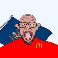 amerimutt beard black_sclera brown_skin clothes ear flag glasses looking_at_you mcdonalds north_dakota open_mouth soyjak united_states variant:patriotjak // 1023x1023 // 84.5KB