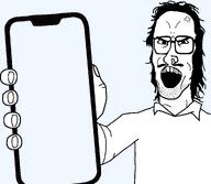 angry collar collared_shirt gape glasses hair holding_phone long_hair mullet mustache nose_piercing nose_ring phone scream screaming showing_phone showing_something subvariant:mulletjak_phone variant:mulletjak // 1780x1550 // 46.2KB