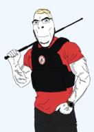 ableism aryan baton blond blue_eyes buff closed_mouth clothes glasses holding_object red_shirt retard_hate smile soyjak stubble variant:cobson vein vest wristwatch // 826x1154 // 91.2KB