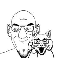 2soyjaks animal cat cat_ear closed_mouth ear fangs glasses hand open_mouth smile soyjak stubble teeth variant:meowjak variant:susjak whisker // 1000x1000 // 21.7KB