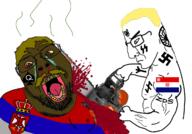 2soyjaks blood blue_eyes brown_skin buff chainsaw croatia decapitation fat flag:croatia flag:serbia glasses holding_chainsaw holding_object nazism queen_of_spades runes schutzstaffel serbia sonnenrad soyjak spade subvariant:chainsaw_bernd swastika tattoo tongue ustasha ustashism variant:bernd variant:chudjak white_skin // 1238x862 // 621.9KB