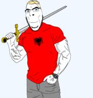 1272 albania buff clothes flag flag:albania glasses holding_object holding_sword red_shirt soyjak stubble sword transparent_background trend:aryan tshirt variant:cobson vein watch weapon yellow_hair // 1834x1910 // 114.1KB