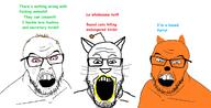 3soyjaks antenna balding bloodshot_eyes cat_ear cum glasses mustache open_mouth orange_skin reddit soyjak stubble text variant:feraljak variant:markiplier_soyjak // 3518x1797 // 814.9KB