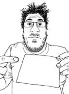 closed_mouth clothes glasses hair hand holding_object mustache neutral pointing sign soyjak stubble subvariant:nuplier template tshirt variant:markiplier_soyjak white_background // 676x913 // 12.7KB