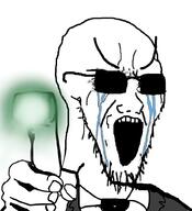 clothes crying glasses hand holding_object large_eyebrows laser men_in_black neuralizer open_mouth soyjak stretched_mouth stubble suit trend:glowie variant:soyak // 914x1000 // 478.3KB