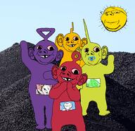 closed_mouth coal dipsy ear foot full_body glasses laa_laa multiple_soyjaks pacifier po sky smile soyjak stubble subvariant:emmanuel subvariant:wholesome_soyjak sun teletubbies tinky_winky variant:gapejak variant:impish_soyak_ears variant:soyak // 2048x1988 // 2.4MB