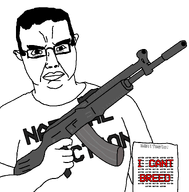 black_hair closed_mouth clothes ear eyebrows glasses gun hair holding_object i_can't_breed lips manifesto natural_selection paper shooter text tshirt variant:chudjak white_shirt // 1183x1200 // 158.2KB