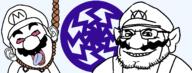 2soyjaks ack blue_eyes chin clothes crying glasses hanging hat looking_at_you mario mustache overalls red_eyes rope sonnenrad stubble tongue variant:bernd variant:mahjak variant:wahjak wario // 1488x563 // 90.3KB