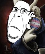 alice_in_wonderland biting_lip clock clothes distorted flag:transgender_pride_flag frown glasses meme rabbit soyjak stubble subvariant:hornyson variant:cobson // 463x554 // 261.4KB