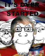 charles_iii closed_mouth clothes country elizabeth_ii flag glasses grey_hair its_just_getting_started its_over king medal multiple_soyjaks queen smile soyjak stubble subvariant:wholesome_soyjak text thumbnail_(file) united_kingdom variant:a24_slowburn_soyjak variant:bernd variant:gapejak variant:markiplier_soyjak // 250x309 // 110.3KB