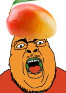 food fruit leaf mango meta:new_foodist_order meta:tagme orange_skin red_shirt stubble variant:chugsjak white_background // 1406x1971 // 1.3MB