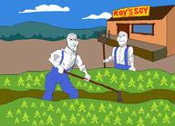 2soyjaks arm building closed_mouth clothes drawn_background glasses hand hoe holding_object kitchen_garden pitchfork redraw smile sneed soy soyjak stubble subvariant:wholesome_soyjak suspenders sweating variant:gapejak variant:smugjak // 4048x2924 // 853.0KB